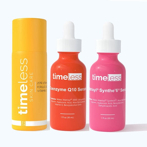 The ULTIMATE TIMELESS Set: 20% Vitamin C + E Ferulic Acid + Coenzyme Q10 + Matryxil Synthe'6  Serums - each 1 oz / 30ml