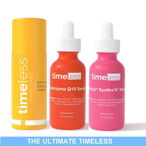 The ULTIMATE TIMELESS Set: 20% Vitamin C + E Ferulic Acid + Coenzyme Q10 + Matryxil Synthe'6  Serums - each 1 oz / 30ml